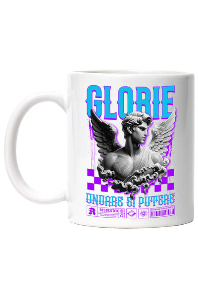 StoryGift Romania Cana cu Bust Statuie Barbat Cu Aripi Text Glorie Onoare Si Putere, Ceramica, 330, Cu Maner Alb