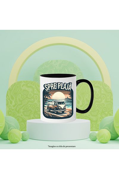 StoryGift Romania Mug to the beach with caravan sunset adventure, 330ml, Ceramic with Black Handle, With, STG.