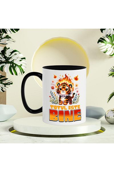 StoryGift Romania Mug with Animated Tiger Cub in Flames in Nature Colorful Flowers Ironic Text Everything Is, With Black Handle