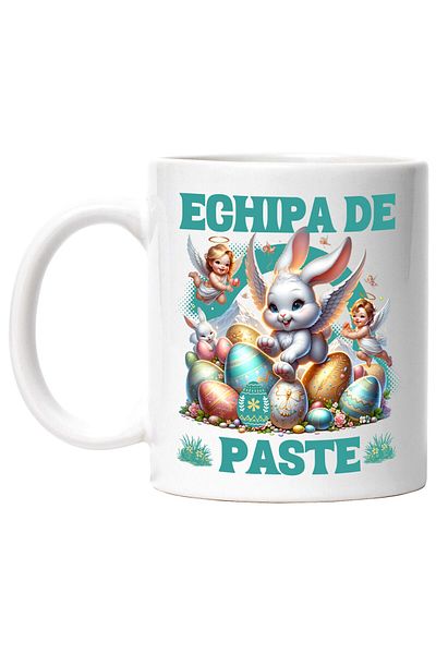 StoryGift Romania Cana cu Iepure Fericit Cu Aripi De Inger, Oua colorate De Paste, Bebelusi Ingeri, Cu Maner Alb
