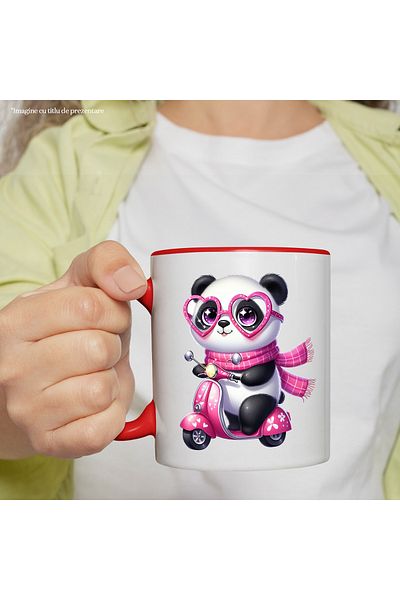 StoryGift Romania Cana cu o ursoaica Panda care conduce un scuter | plimbare | viteza | fular | oc, Cu Maner Rosu