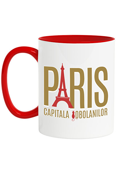 StoryGift Romania Cana Turnul Eiffel Paris Oras Text Capitala Sobolanilor, 330ml, Ceramic cu Maner, Cu Maner Rosu