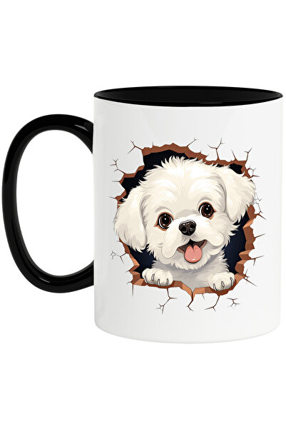 StoryGift Romania Cana cu un catelus Bichon Frise, caine, animal de companie, ilustratie, vesel, b, Cu Maner Negru