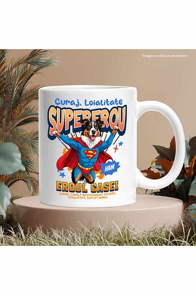 StoryGift Romania Cana cu Ciobănesc Australian / Australian Shepherd Caine In Costum de SuperMan c, Cu Maner Alb