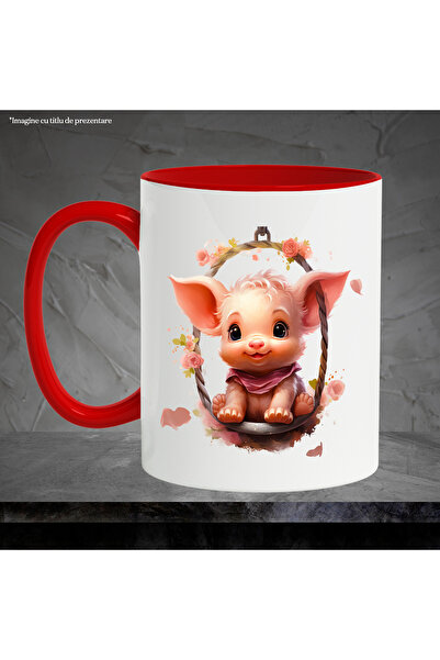 StoryGift Romania Mug with a piglet swinging | illustration | flowers | pink | happiness |, With ,STG