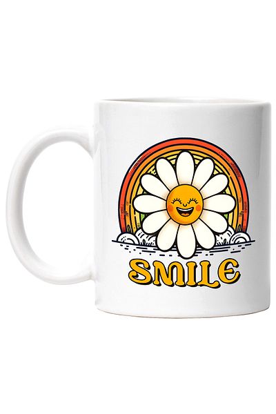 StoryGift Romania Cana cu mesajul "Smile", ilustratie, motivational, zambeste, floare, incredere c, Cu Maner Alb