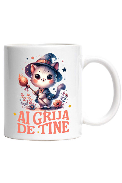 StoryGift Romania Cana cu Pisica Pufoasa Cu Matura De Vrajitoare Si Palarie T...
