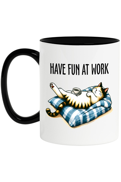 StoryGift Romania Cana cu o pisicuta care doarme cu mesajul "Have fun at work...