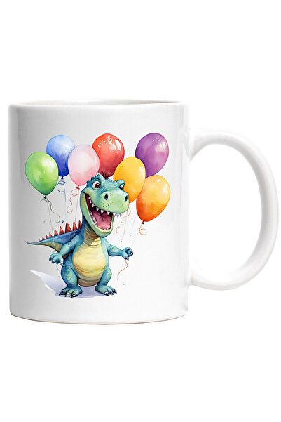 StoryGift Romania Cana cu un dinozaur verde fericit | ilustratie | veselie | aniversare | baloane , Cu Maner Alb