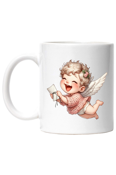 StoryGift Romania Cana cu un bebelus cu aripi de ingeras, ilustratie, are o scrisoare, plic, flori, Cu Maner Alb