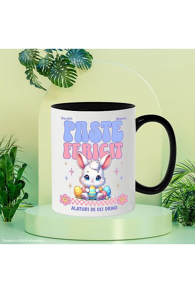 StoryGift Romania Cana cu Iepure Alb Copii Cu Oua Colorate Pascal Flori, Stele Text Paste Fericit , Cu Maner Negru