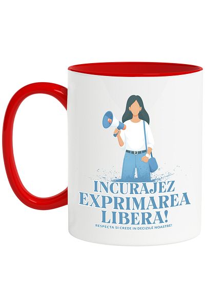 StoryGift Romania Cana Femeie cu Megafon Mesaj Motivational Incurajez Exprimarea Libera, , 330ml, , Cu Maner Rosu