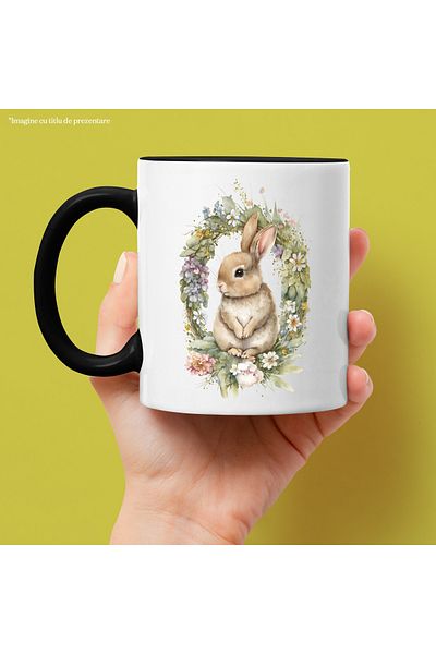 StoryGift Romania Cana de Paste cu Porter Iepuras Dragut, Coroana de Flori, Iepuras de Paste, Sarb, Cu Maner Negru