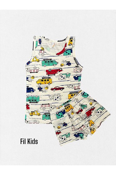 elmas kids Boy's 100% Cotton Cars Motor Minibus Patterned White Undershirt Boxer Set with Net Part Stitching