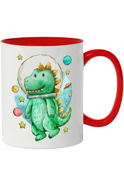 StoryGift Romania Cana Cu Dinozaur, Astronaut, Spatiu, Planete, Multicolor 330 ml, Ceramica cu Man, Cu Maner Rosu
