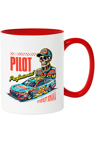 StoryGift Romania Cana pilot profesionist masina de curse schelete , 330ml, Ceramic cu Maner Rosu, Cu Maner Rosu