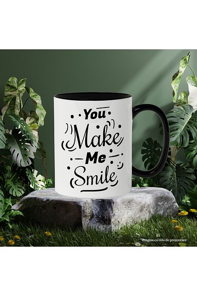 StoryGift Romania Cana Cu Mesaj In Engleza You Make Me Smile, Zambet, Iubire, Prieteni, Cuplu, Alb, Cu Maner Negru