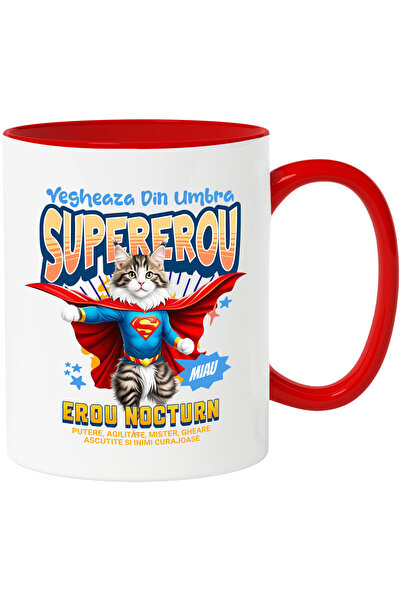 StoryGift Romania Cana cu Ragdoll Pisica In Costum de SuperMan cu Pelerina, Erou Nocturn, Desene a, Cu Maner Rosu