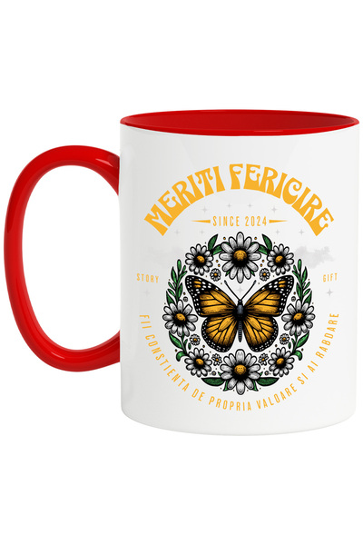 StoryGift Romania Cana Meriti Fericire - Fluture cu Flori, 330ml, Ceramic cu ...