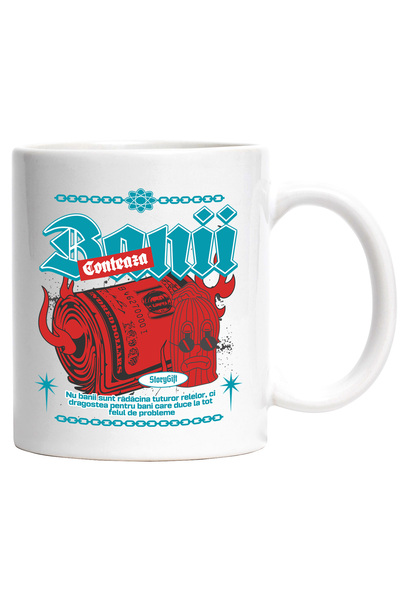 StoryGift Romania Cana Banii Conteaza, 330ml, Ceramic cu Maner Alb, Cu Maner Alb