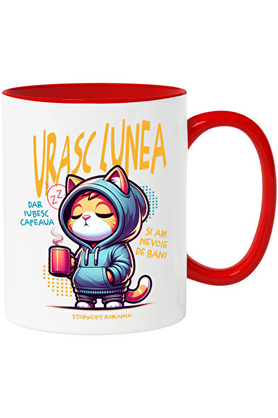StoryGift Romania Cana Pisica cu Hanorac Si Cana De Cafea Text Haios Urasc Lunea Dra Iubesc Cafea, Cu Maner Rosu