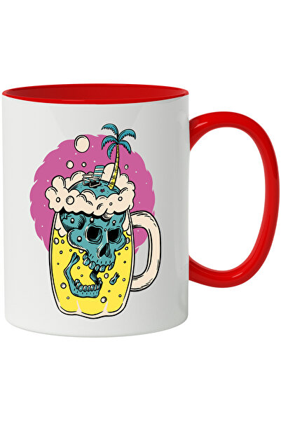 StoryGift Romania Cana Cu Craniu, Halba, Bere, Plaja, Palmier, Scaun, Stea, Multicolor 330 ml, Cer, Cu Maner Rosu