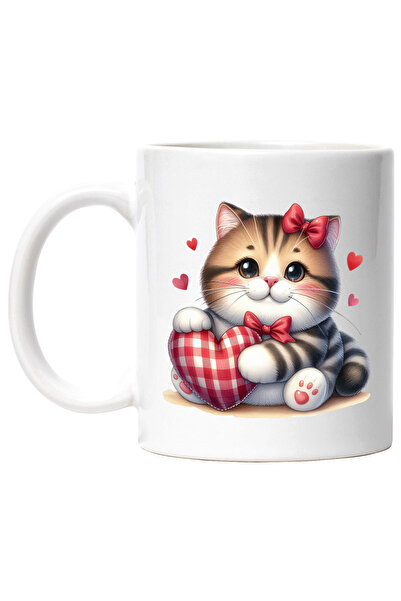 StoryGift Romania Cana cu o pisicuta plinuta | ilustratie | inimioare | afectiune | imbujorata | f, Cu Maner Alb