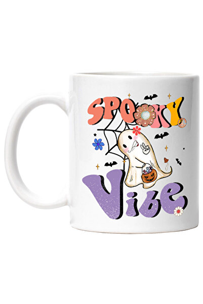 StoryGift Romania Cana cu mesajul "Spooky vibe", ilustratie, Halloween, sarbatoare, octombrie, em, Cu Maner Alb