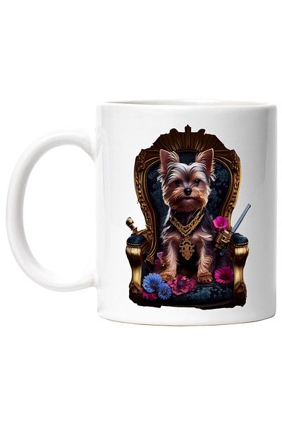 StoryGift Romania Cana Cu Caine, Yorkshire Terrier, Tron, Flori, Lant, Multicolor 330 ml, Ceramica, Cu Maner Alb
