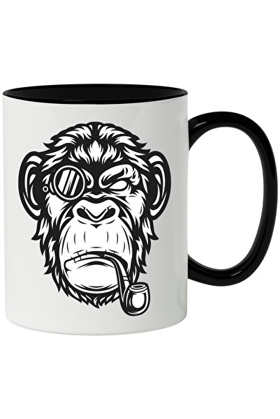 StoryGift Romania Cana Cu Maimuta, Pipa, Tutun, Monoclu, Portret, Alb Negru 330 ml, Ceramica cu Ma, Cu Maner Negru