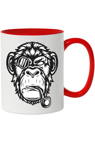 StoryGift Romania Cana Cu Maimuta, Pipa, Tutun, Monoclu, Portret, Alb Negru 330 ml, Ceramica cu Ma, Cu Maner Rosu