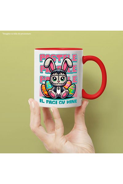 StoryGift Romania Cana Pastele Il Faci Cu Mine Oua Colorate Sarbatoare, 330ml, Ceramic Cu Maner Ro, Cu Maner Rosu Stg