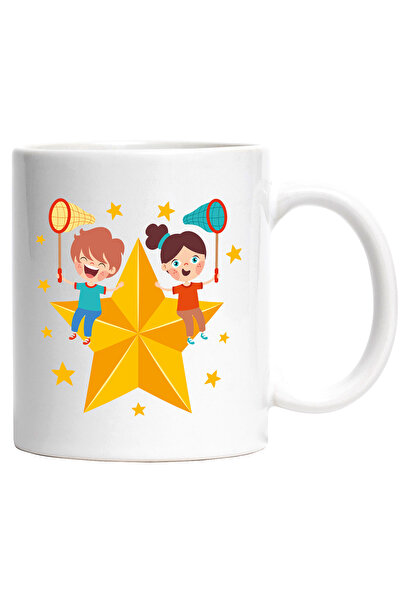 StoryGift Romania Cana Cu Stele, Copii, Plasa, Adidasi, Tricou, Pantaloni, Multicolor 330 ml, Cera, Cu Maner Alb