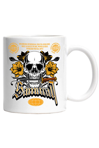 StoryGift Romania Cana cu Craniu Uman Cu Cutit Flori Colorate Text Samurai, Razboinici , Ceramica,, Cu Maner Alb
