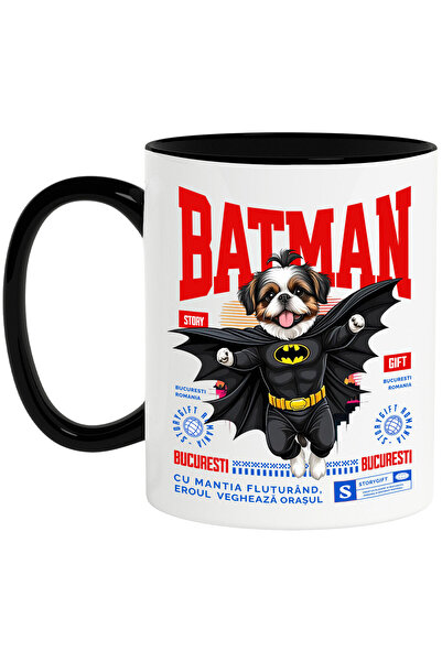 StoryGift Romania Cana cu Shih Tzu Caine In Costum de BatMan cu Pelerina, Erou Nocturn, Desene ani, Cu Maner Negru