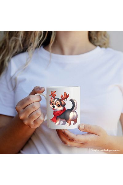 StoryGift Romania Cana cu un catel care are niste coarne de ren | ilustratie | fular | frig | iarn, Cu Maner Alb