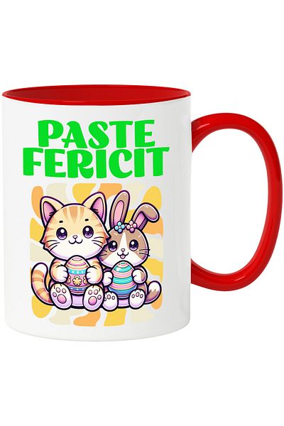 StoryGift Romania Cana cu Pisica portocalie Si Iepure Cu Oua Colorate Pascal Text Paste Fericit, C, Cu Maner Rosu