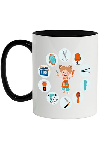 StoryGift Romania Cana Cu Fetita, Foarfeca, Pieptan, Frizerie, Scaun, Placa De Par, Perie, Multico, Cu Maner Negru