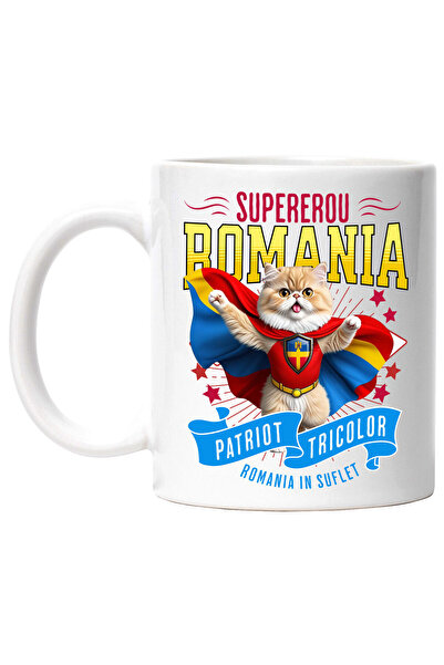 StoryGift Romania Mug with Persian Cat in Captain Romania Costume with Cape, Hero N, with White Handle
