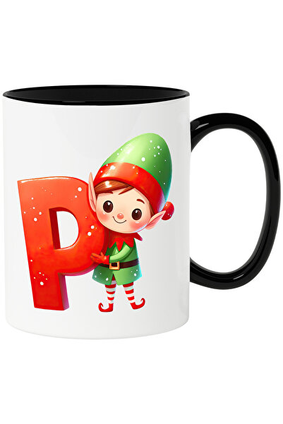 StoryGift Romania Cana cu un spiridus vesel care tine litera "P" | ilustratie | scoala | ajutorul , Cu Maner Negru