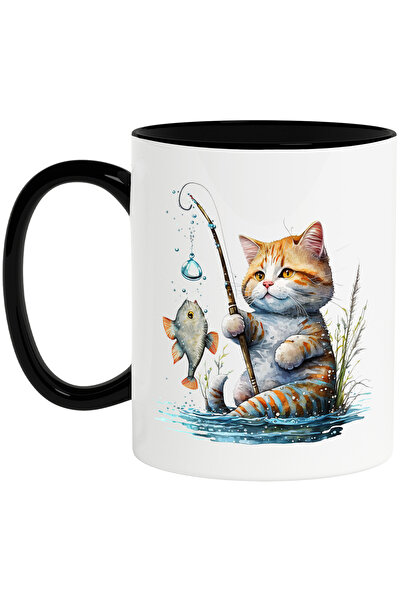 StoryGift Romania Cana cu o pisicuta care pescuieste | ilustratie | undita | peste | apa | lac | h, Cu Maner Negru