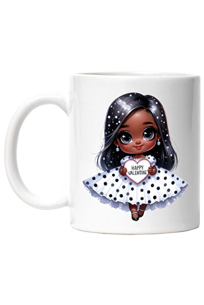 StoryGift Romania Cana cu o fetita de culoare care tine o inimioara pe care scrie "Happy Valentine, Cu Maner Alb