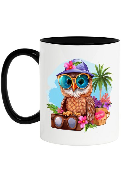 StoryGift Romania Mug with an owl with a hat and sunglasses, summer, vacation, relaxation, conc, With ,STG