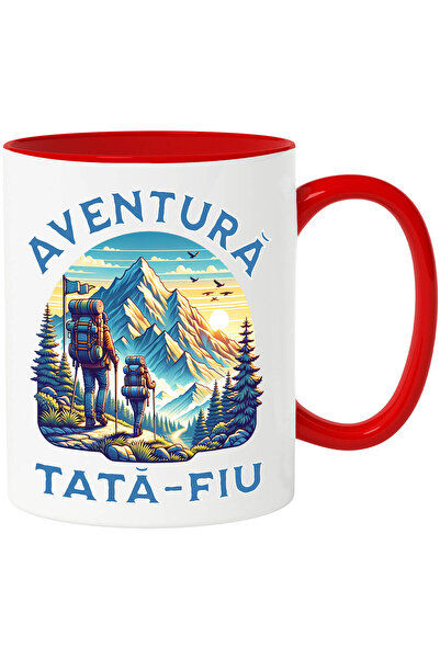 StoryGift Romania Cana cu Cuplu Sportiv Prin Munti Cu Rcsace Natura Text Tata Fiu Aventura, natura, Cu Maner Rosu