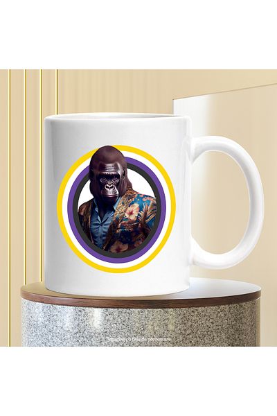 StoryGift Romania Cana Cu Gorila, Cerc, Sacou Cu Flori, Camasa, Multicolor 330 ml, Ceramica cu Man, Cu Maner Alb