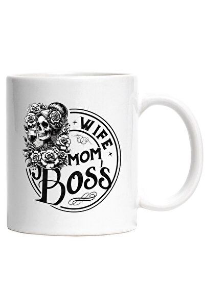 StoryGift Romania Cana cu mesajul "Wife, Mom, Boss", sotie, ilustratie, mama, sefa, schelet de fem, Cu Maner Alb