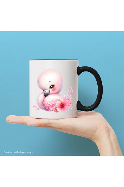 StoryGift Romania Cana cu o pasare Flamingo | ilustratie | plante | flori | imbujorata | fericire , Cu Maner Negru