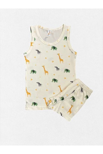 elmas kids Boy's 100% Cotton Zebra Giraffe Elephant Patterned Ecru Undershirt Boxer Set with Stitched Mesh Part