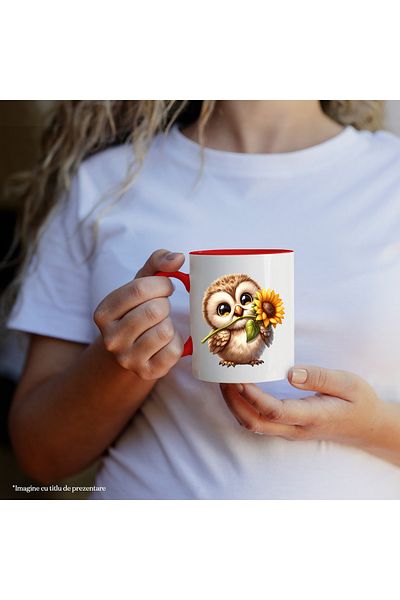 StoryGift Romania Mug with a little owl holding a flower | illustration | sunflower | bye, With, STG.
