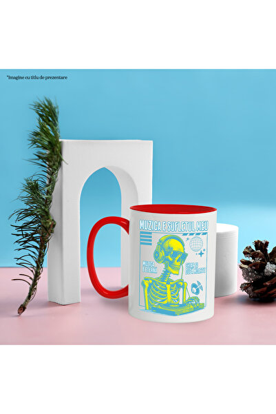 StoryGift Romania Skeletons DJ in the club Mug Music is my soul, 330ml, Ceramic with Red Handle, Cu Mane, STG.
